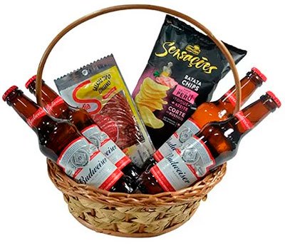 Basket of snacks and beer for your mother