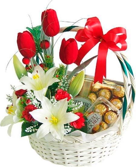 Basket with tulips and chocolates for Mother's Day
