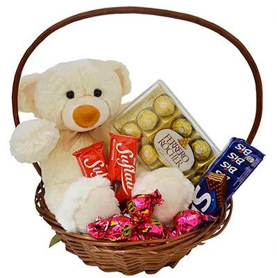 Basket of chocolates for traditional girlfriend with teddy bear